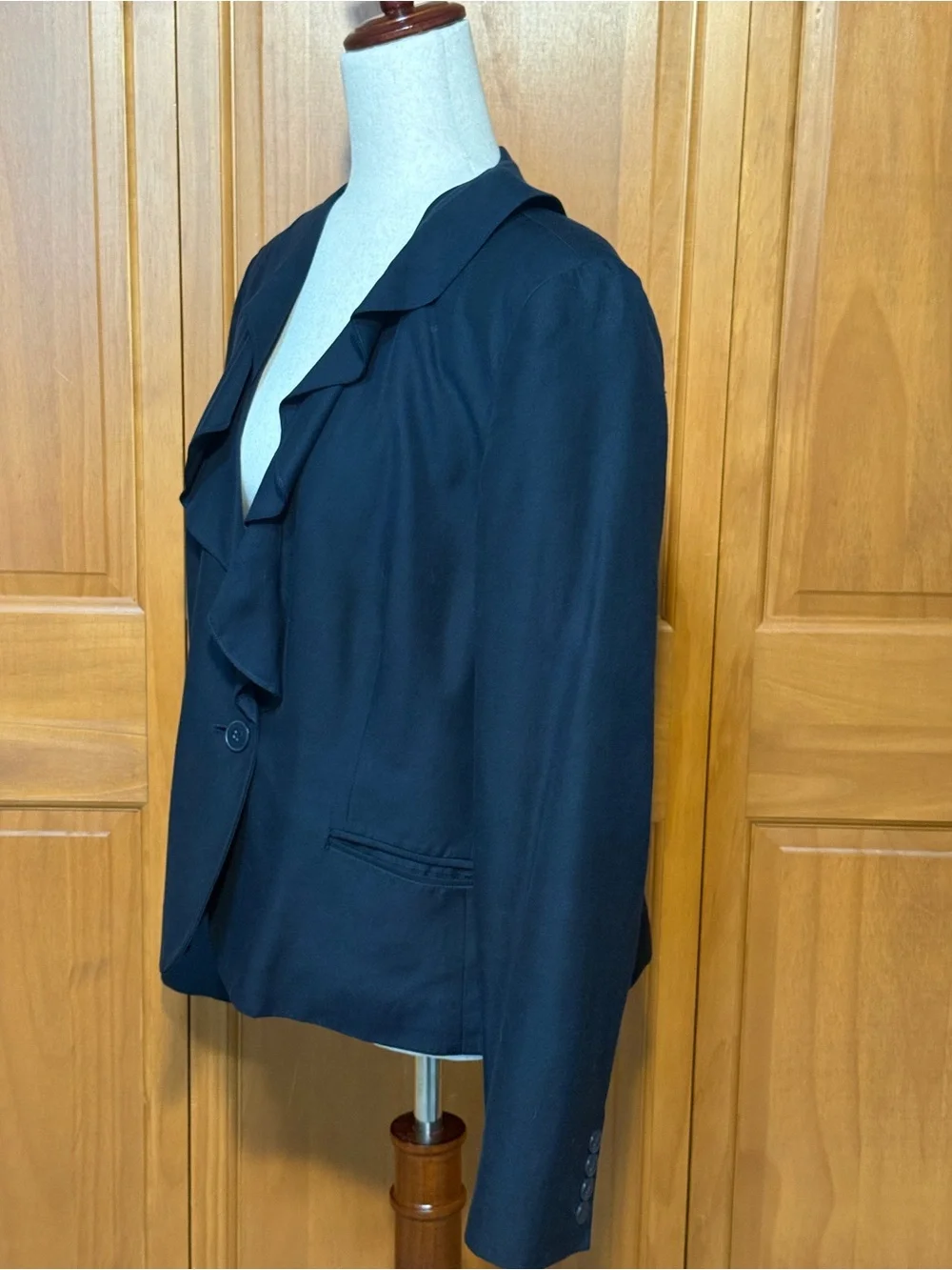 Vintage Ralph Lauren Chaps Silk Cotton Navy Ruffle-Trim Single-Button Jacket